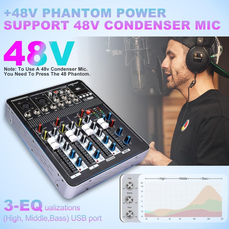 Kaschun T4 4-Channel Digital Audio Mixer with 48V Phantom Power, USB/MP3 Input, Reverb Effects for PC Recording, Parties & Weddings​ - Image 5